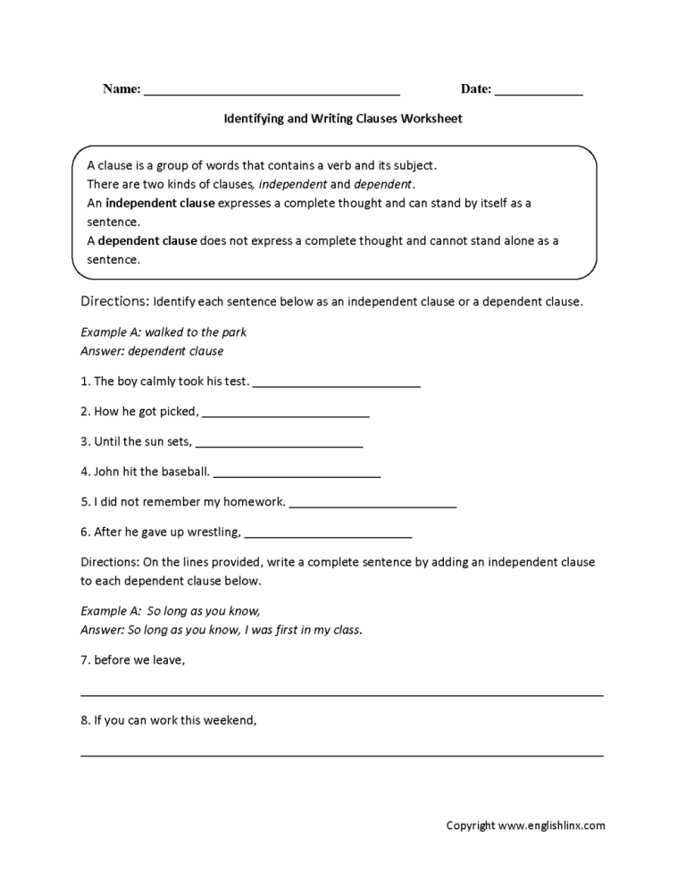 Subordinate Clause Worksheet Year 6