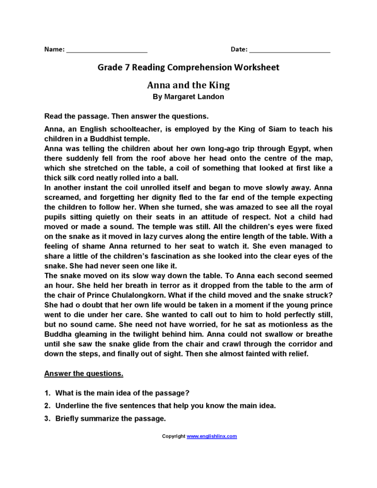 Reading Comprehension Worksheets 7th Grade