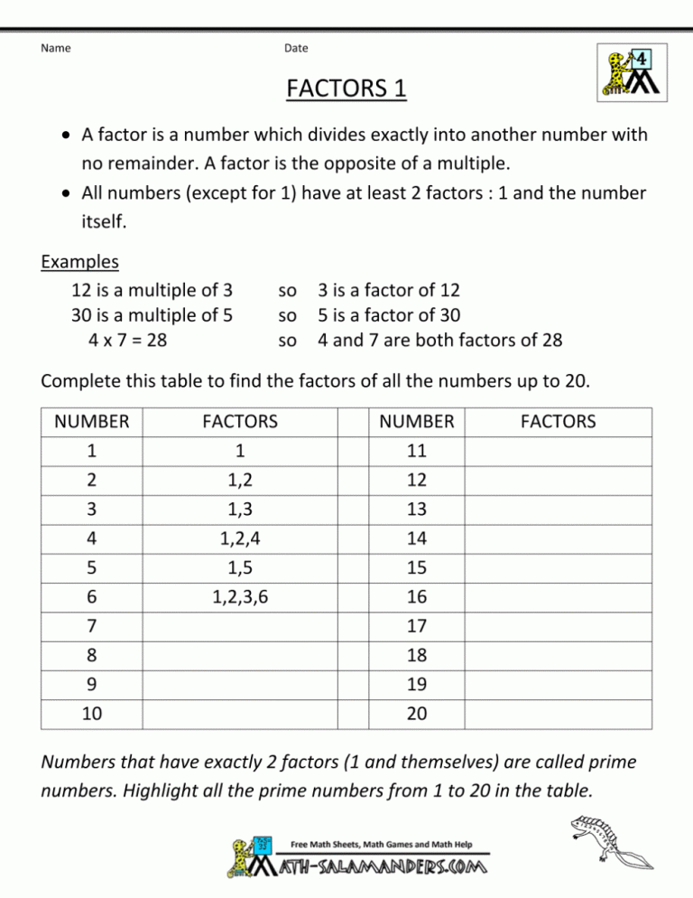 Factors And Multiples Worksheet For Grade 4 With Answers