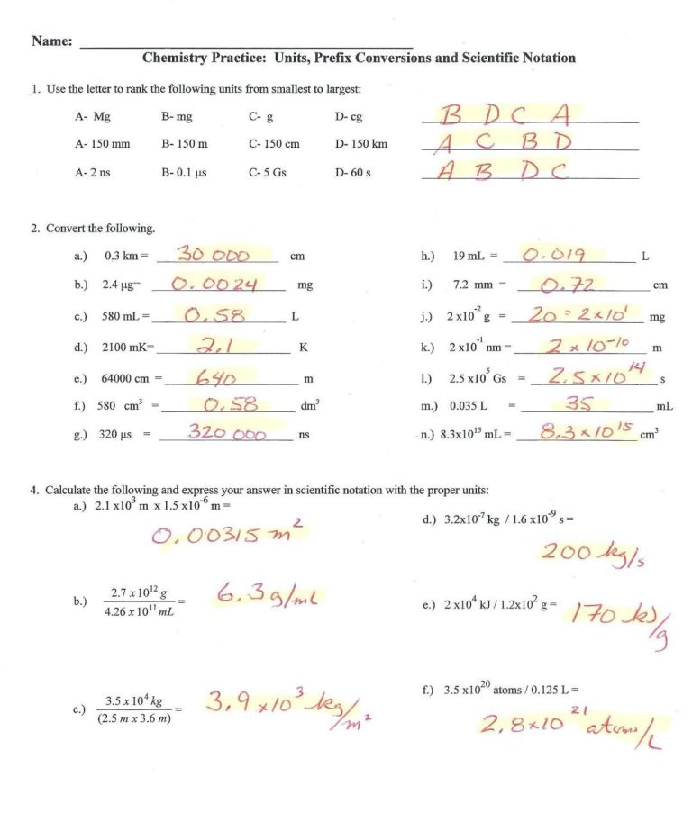 Dimensional Analysis Worksheet Answer Key