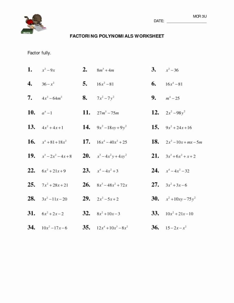 Factoring Polynomials Worksheet Grade 10