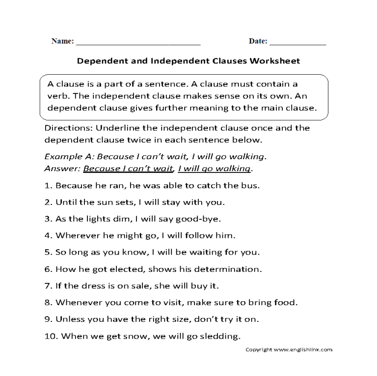 7th Grade Independent And Dependent Clauses Worksheet