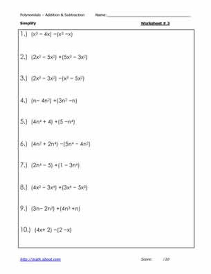 Adding And Subtracting Polynomials Worksheet Answers Algebra 2