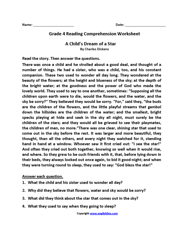 Comprehension For Class 4 Worksheet