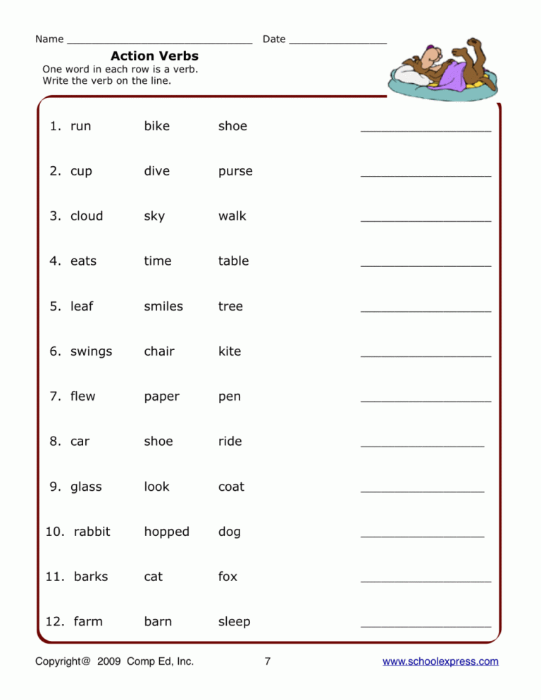 Grade 3 Worksheets On Verbs