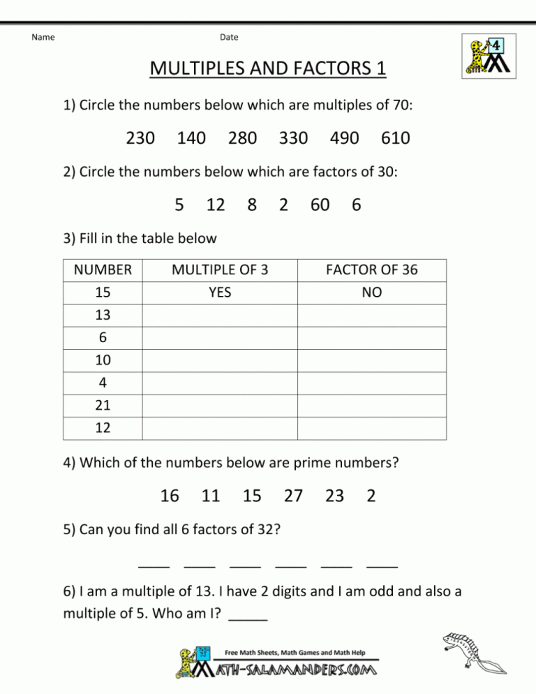 Factors And Multiples Worksheet With Answers