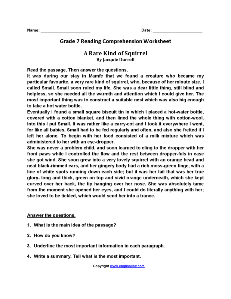 Sixth Grade Reading Comprehension Worksheets 7th Grade