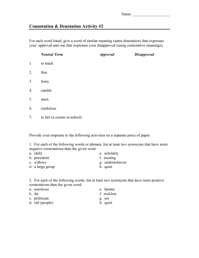 Printable Connotation And Denotation Worksheets