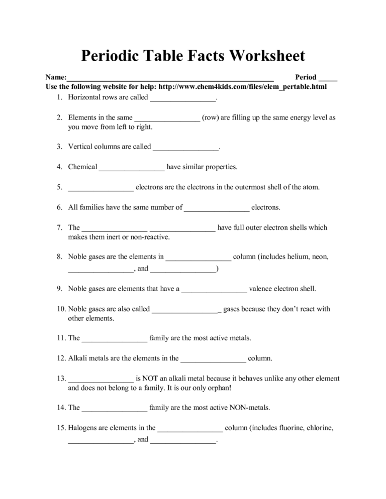 Periodic Trends Worksheet Answer Key