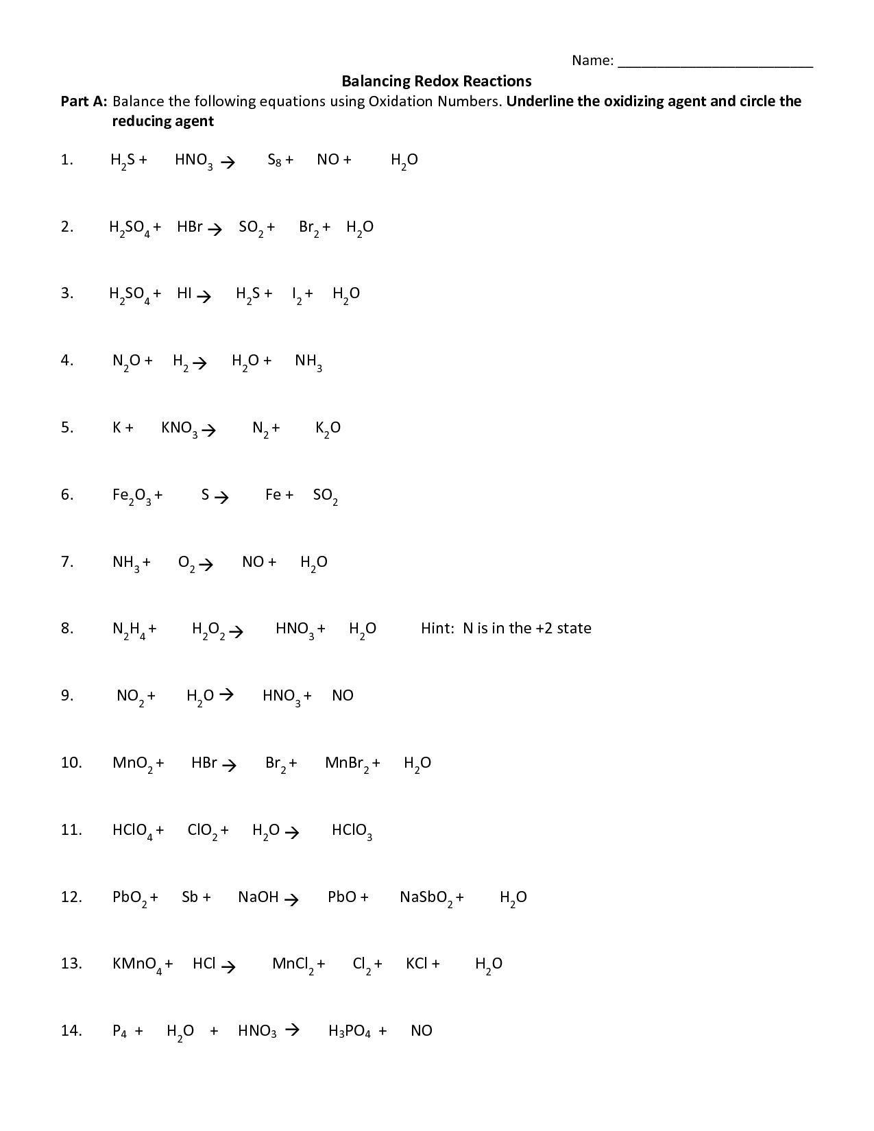 Oxidation And Reduction Practice Worksheet