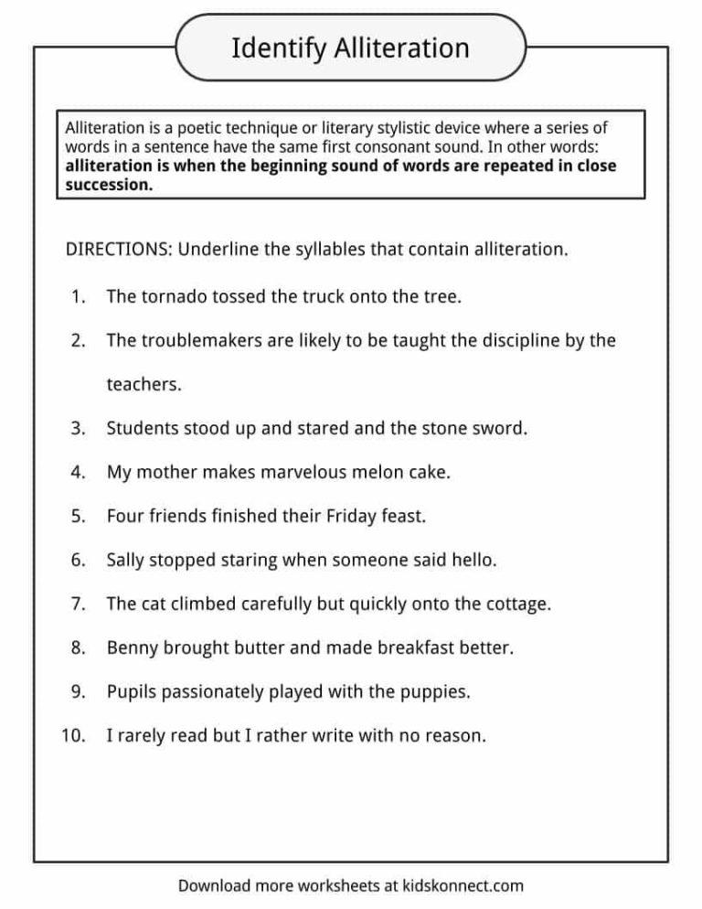 Alliteration Worksheets Grade 5