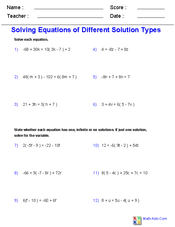 6th Grade Algebra Problems Worksheet