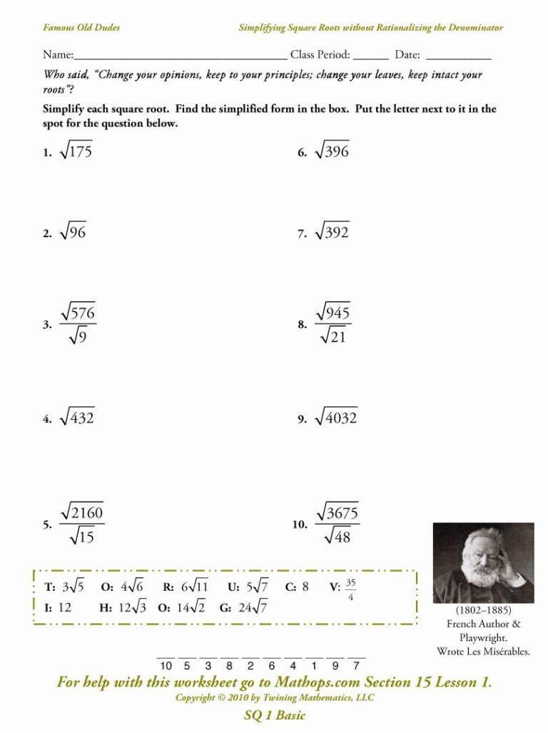 Simplifying Square Roots With Variables Worksheet