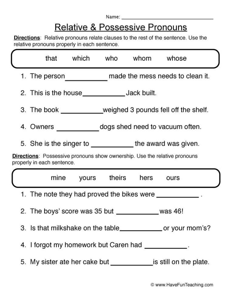 5th Grade Free Pronoun Worksheets