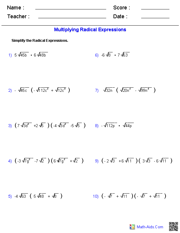 Multiplying Radicals Practice Worksheet