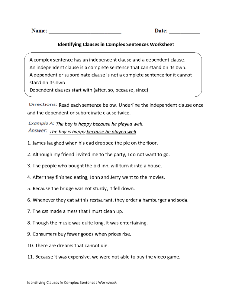 Compound Complex Sentences Worksheet With Answer Key