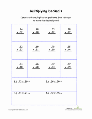 Multiplying Decimals Worksheets Answer Key