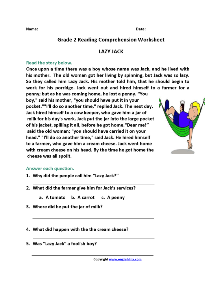 Year 2 Reading Comprehension Worksheets Free