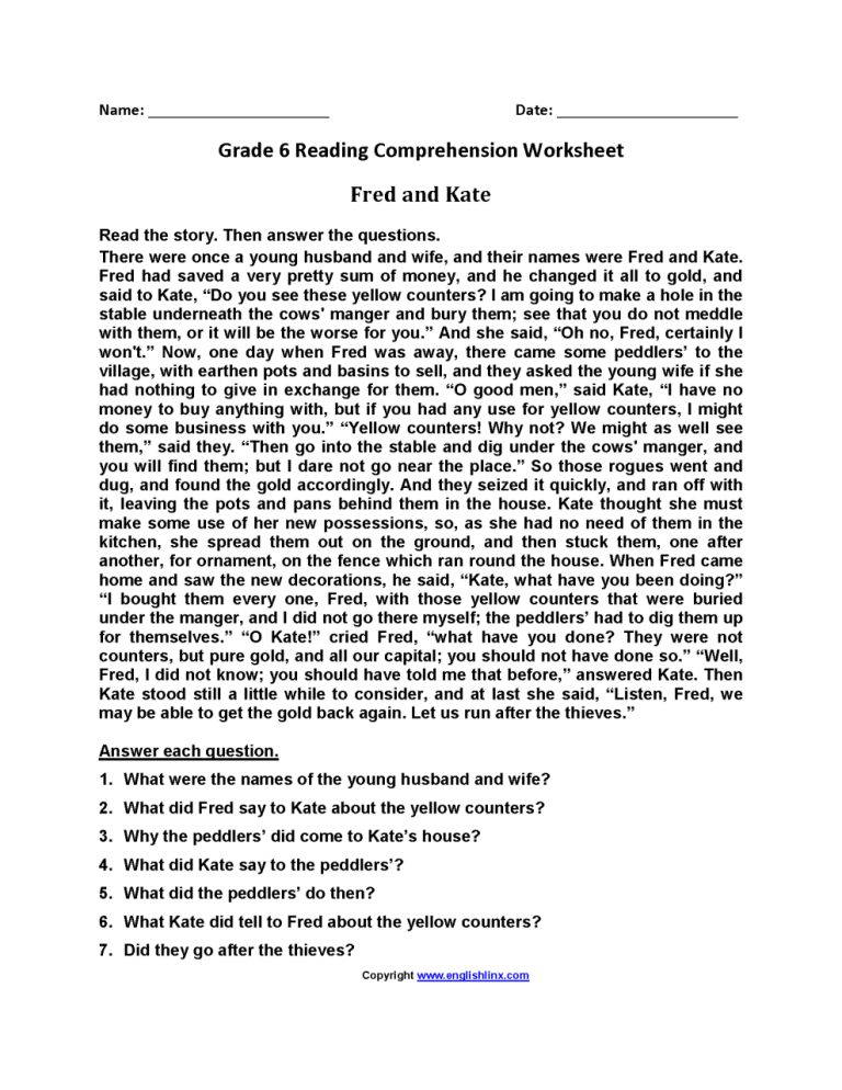 Sixth Grade 6th Grade Reading Comprehension Worksheets Pdf