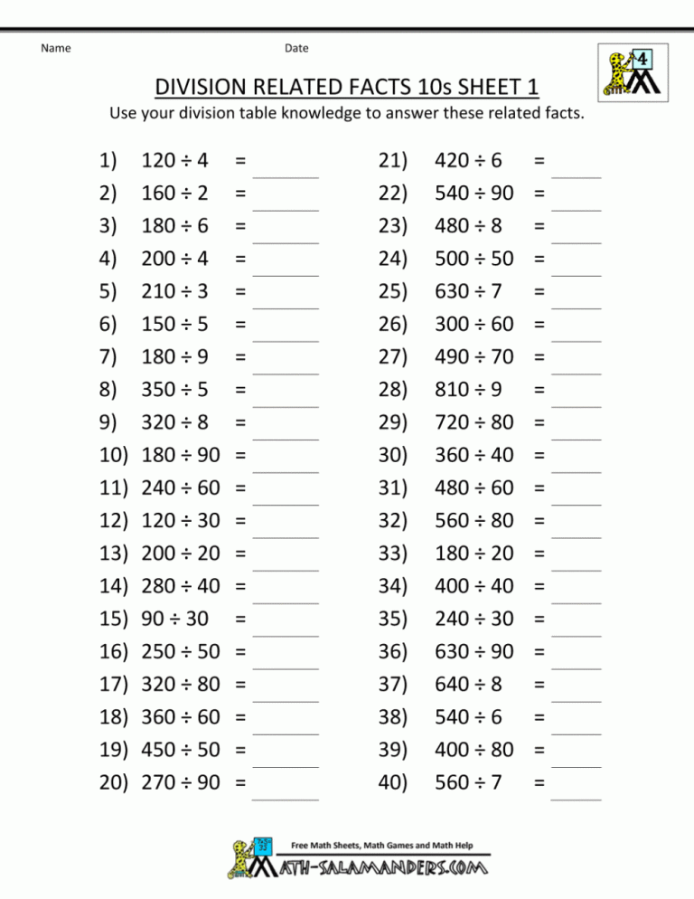 Division Facts Worksheets For Grade 2