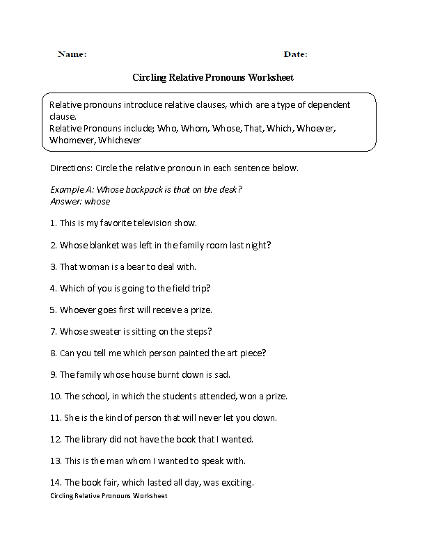 Pronouns Worksheet For Grade 10