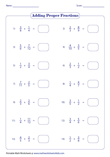 Addition Of Fractions Worksheets