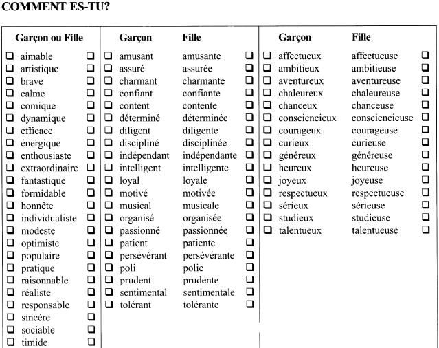 French Personality Adjectives Worksheet