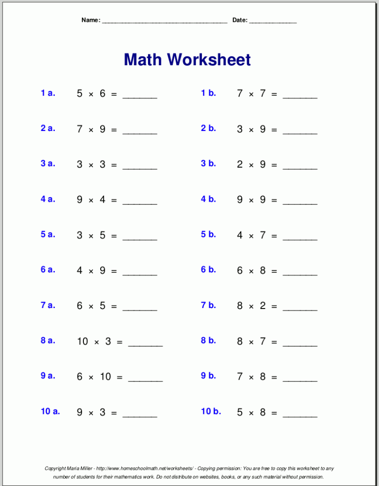 Mixed Times Tables Worksheets