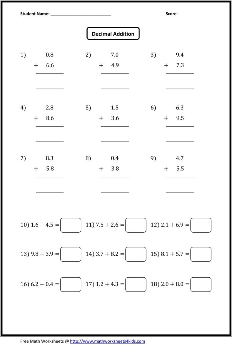 Adding And Subtracting Decimals Worksheets Pdf