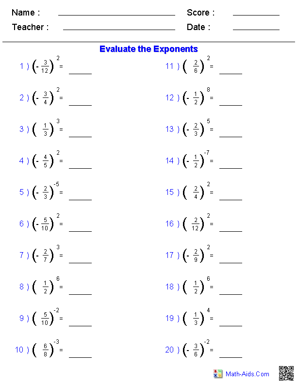 Simplifying Negative Exponents Worksheet