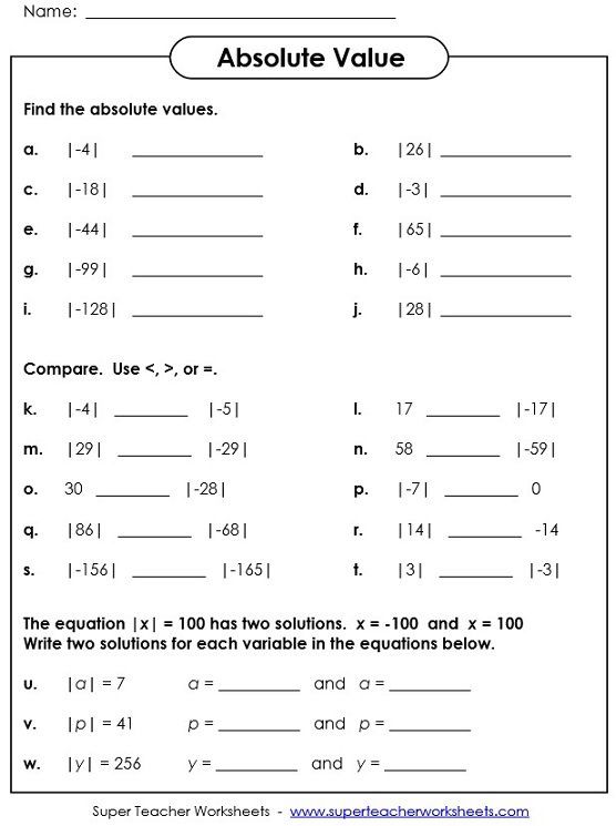 Absolute Value Worksheets 9th Grade