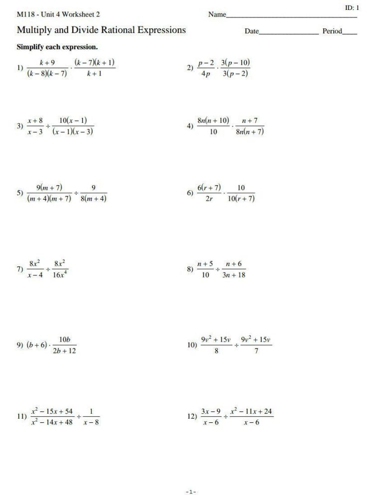 Multiplying Rational Expressions Worksheet