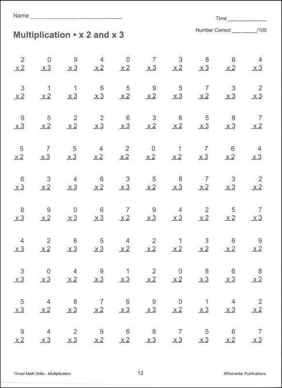 Multiplication Timed Test 100 Problems