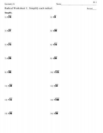 Simplifying Radicals Worksheet 1