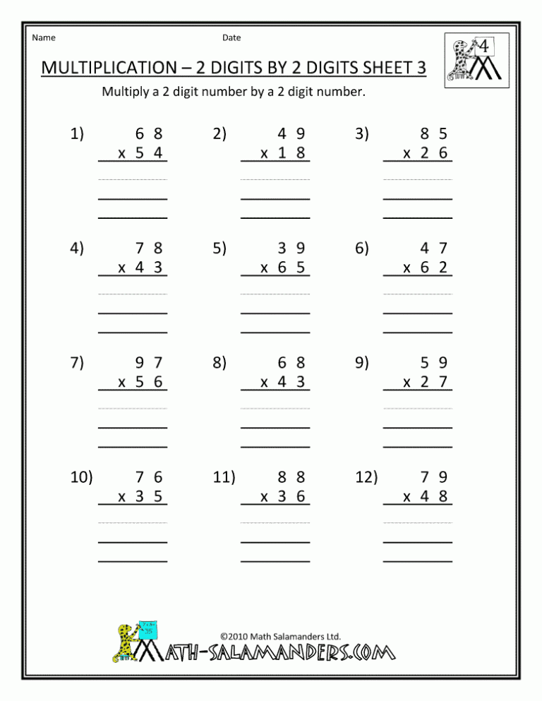 Double Digit Multiplication Worksheets 4th Grade