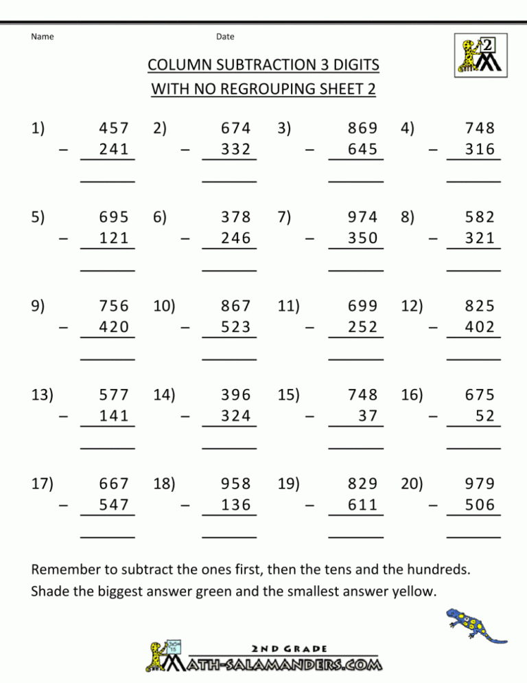 Year 3 Maths Worksheets Subtraction