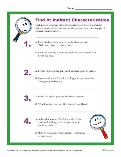 5th Grade Direct And Indirect Characterization Worksheet