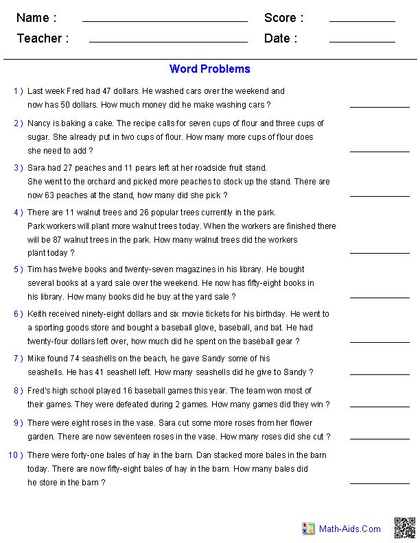 Word Problems Worksheets Math