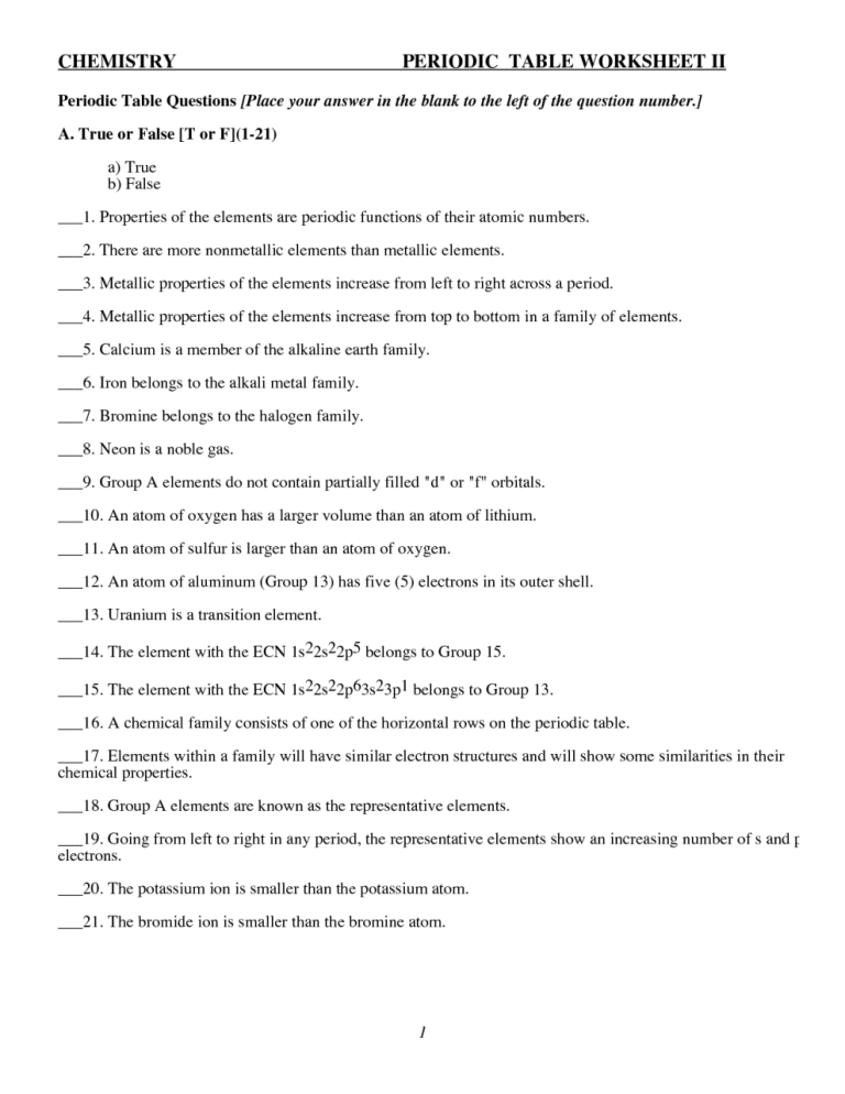 Periodic Trends Worksheet 2 Answers