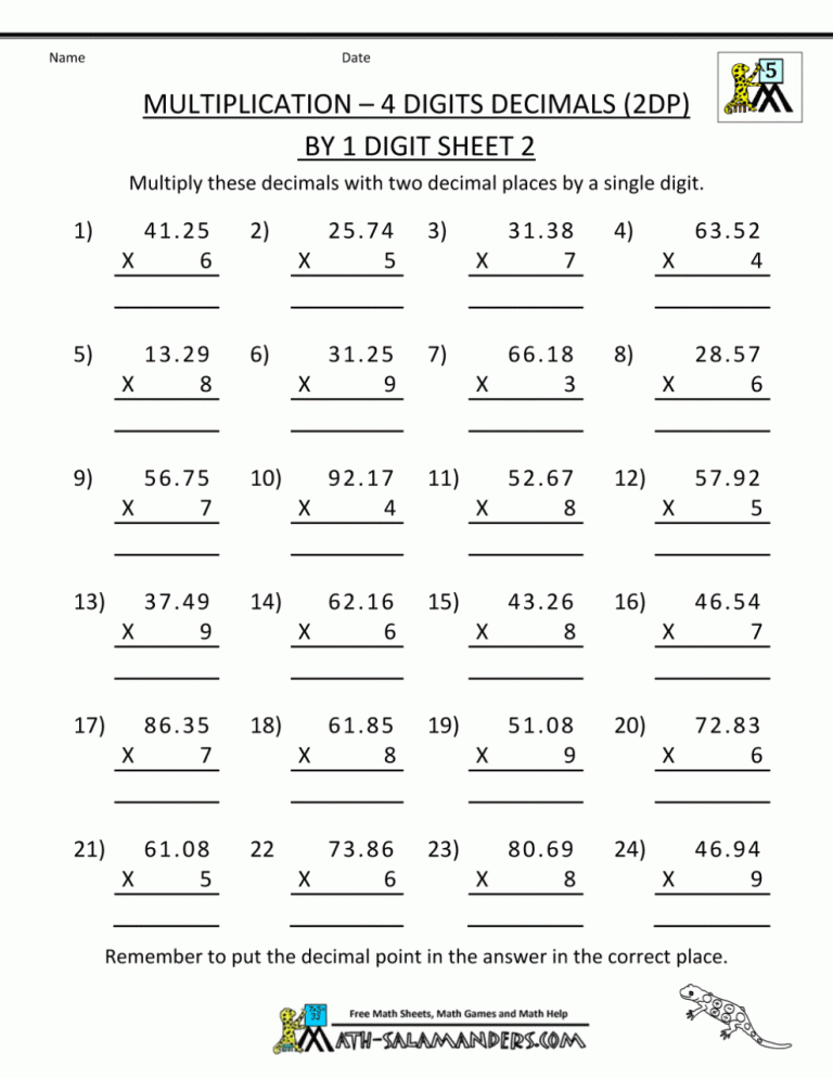 Decimal Multiplication Worksheets Grade 5