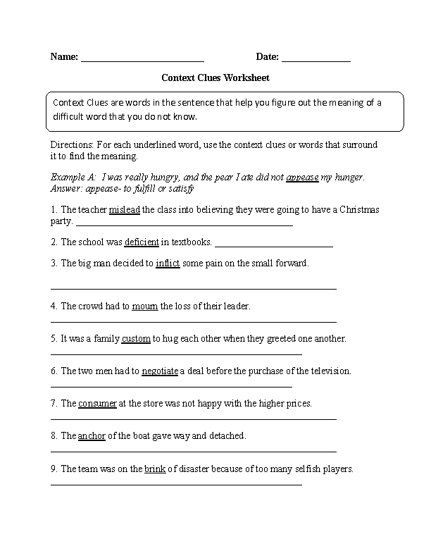 Context Clues Worksheets 7th Grade