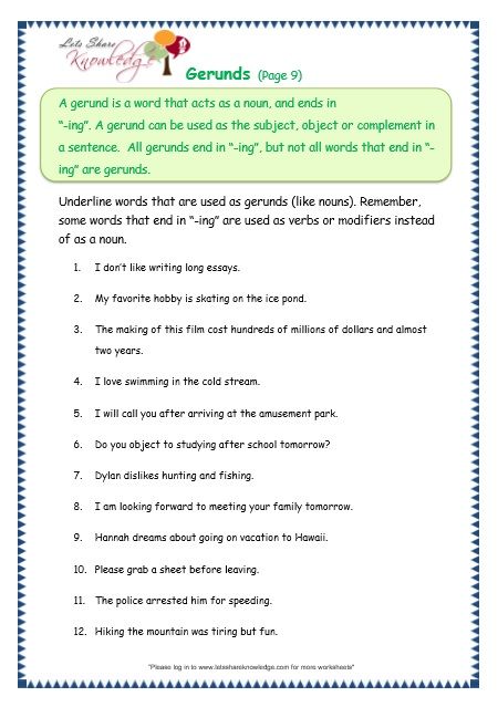 Gerund Worksheet For Grade 6 With Answers