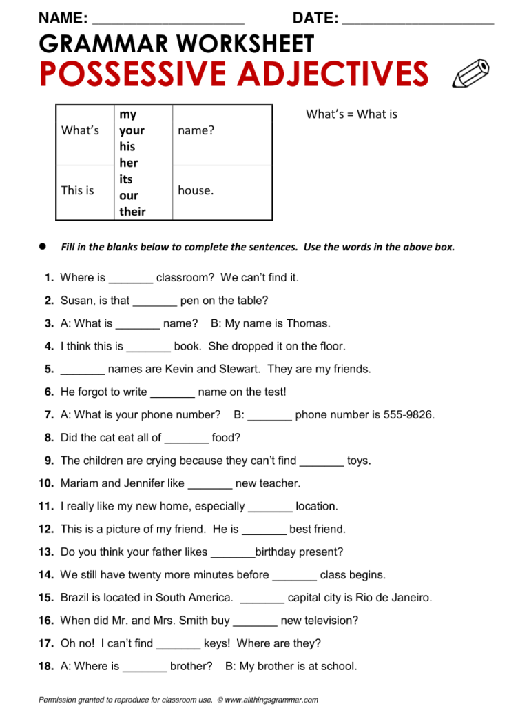 Possessive Adjectives Worksheet With Answers