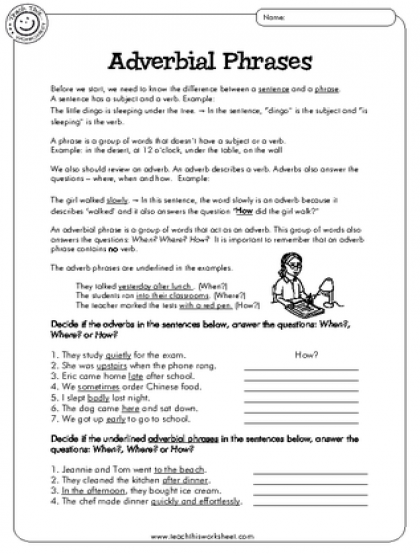 7th Grade Adverbial Phrase Worksheet