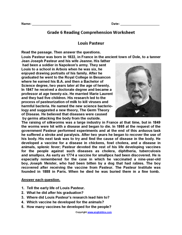 English Comprehension Worksheets For 6th Grade