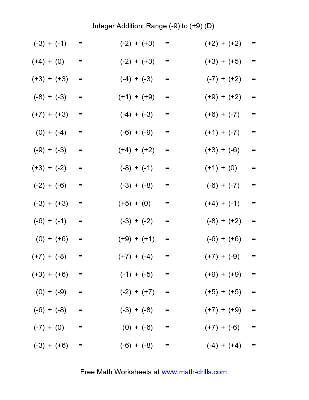 Adding Integers Worksheet Grade 7