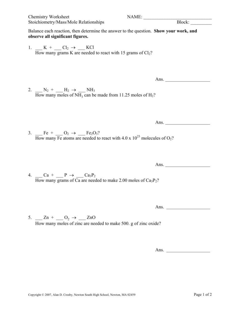 Moles And Mass Worksheet Answer Key