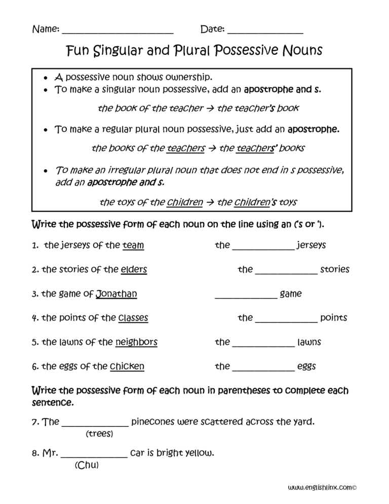 Plural Possessive Apostrophe Worksheet