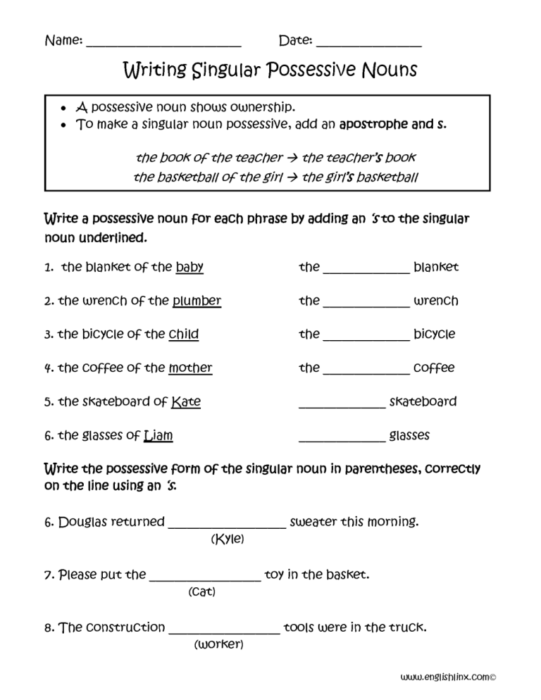 Possessive Nouns Worksheet 5th Grade