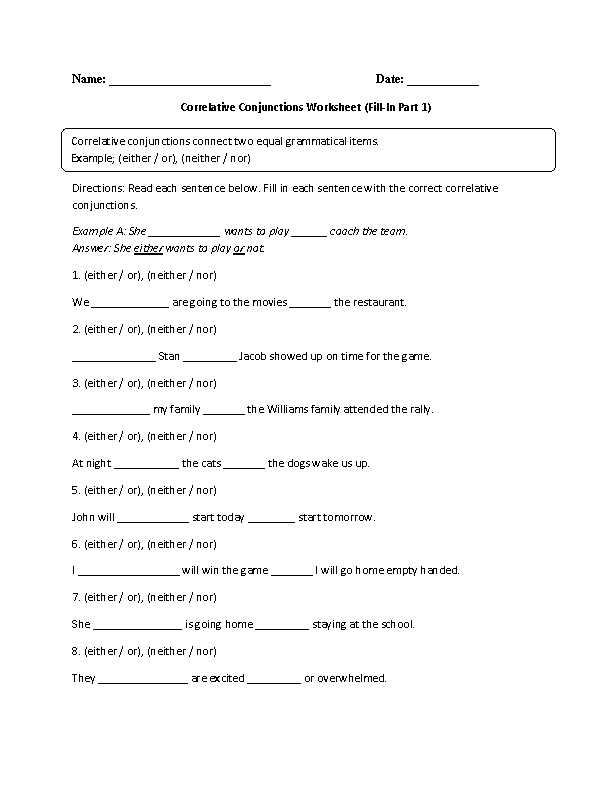 Correlative Conjunctions Worksheets Pdf